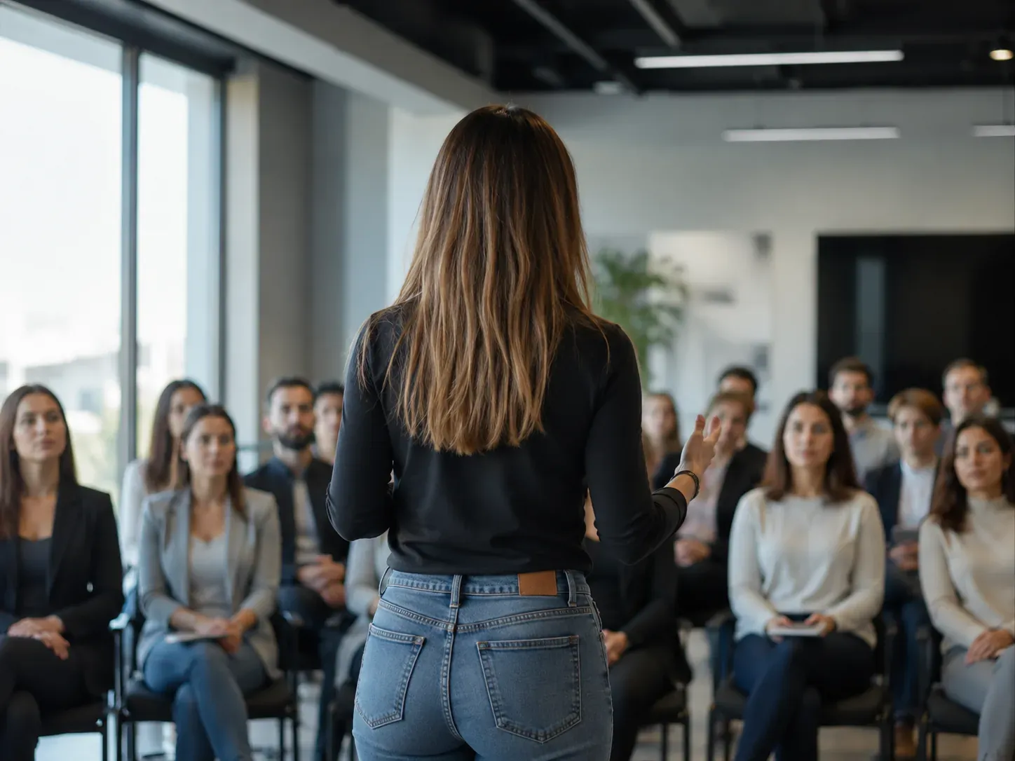 Una formadora, de espaldas, habla a un grupo de personas sentadas en una sala